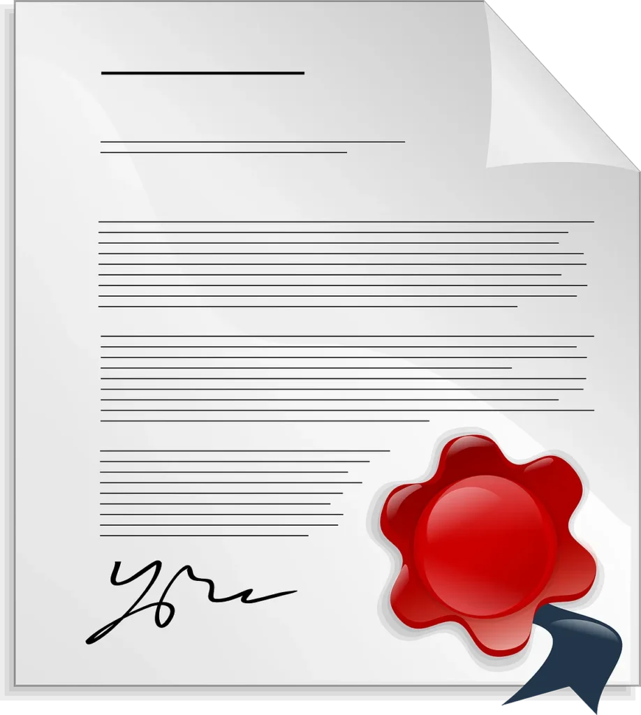 En bild på en certifiering och underskrift i papper. 